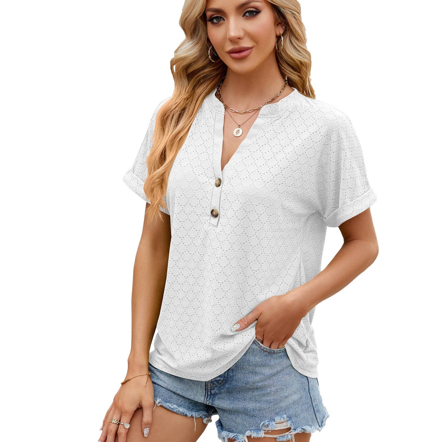 Solid color V-neck loose short-sleeved T-shirt