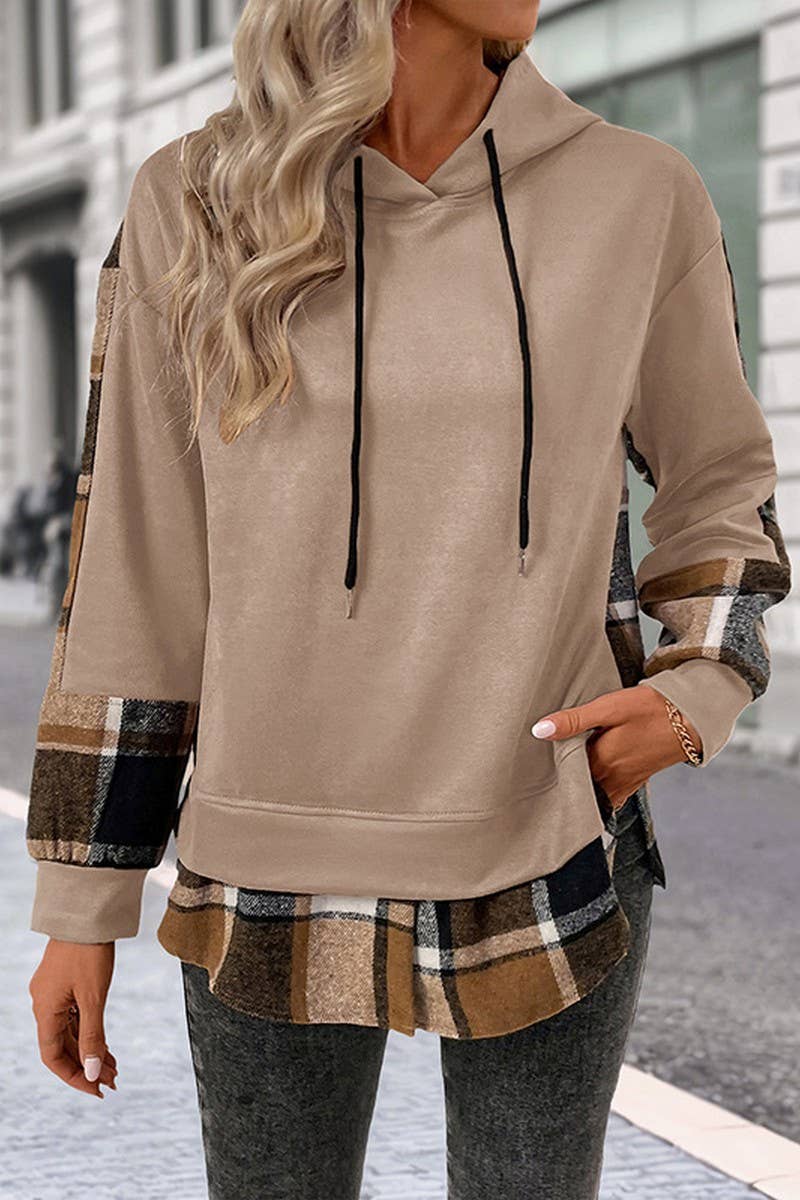 CWOHOL00587_PLAID PATCHWORK BRITISH STYLE HOODED SWEATSHIRT