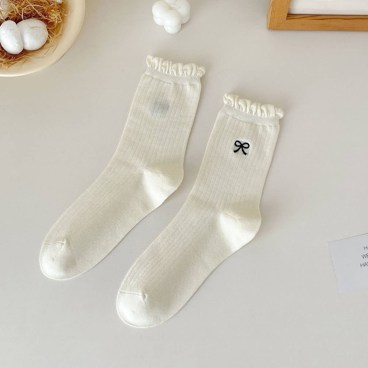 Cute Dots, Stripes,Bow Ruffle White Crew Socks