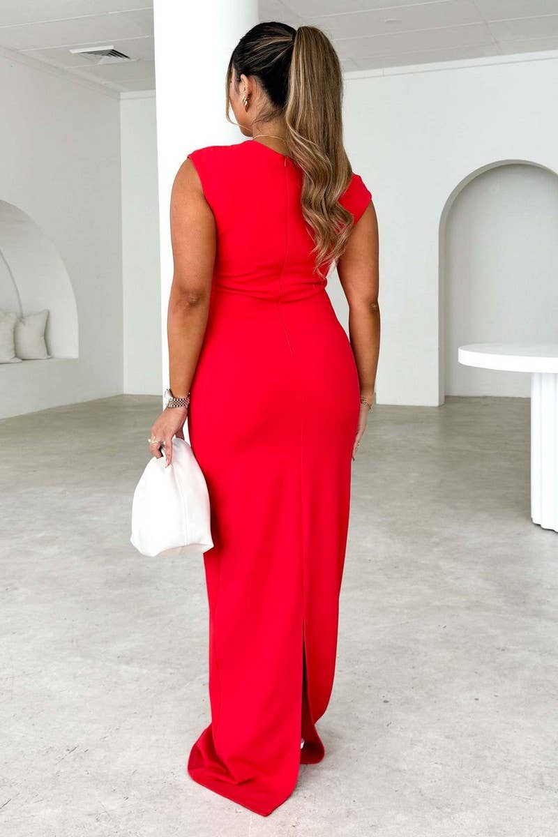 CWDMD5581_SLEEVELESS BACK SLIT RUCHED BODYCON DRESS