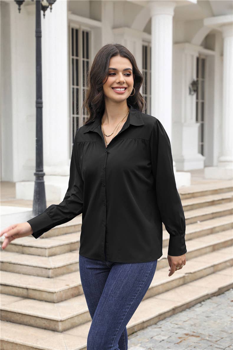 Lantern-sleeve pleated stand collar loose shirt