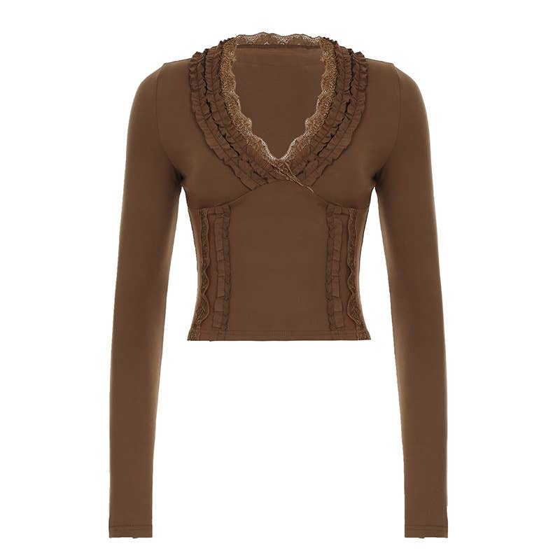 VINTAGE WOOD EAR TRIM V-NECK LONG SLEEVE T-SHIRT