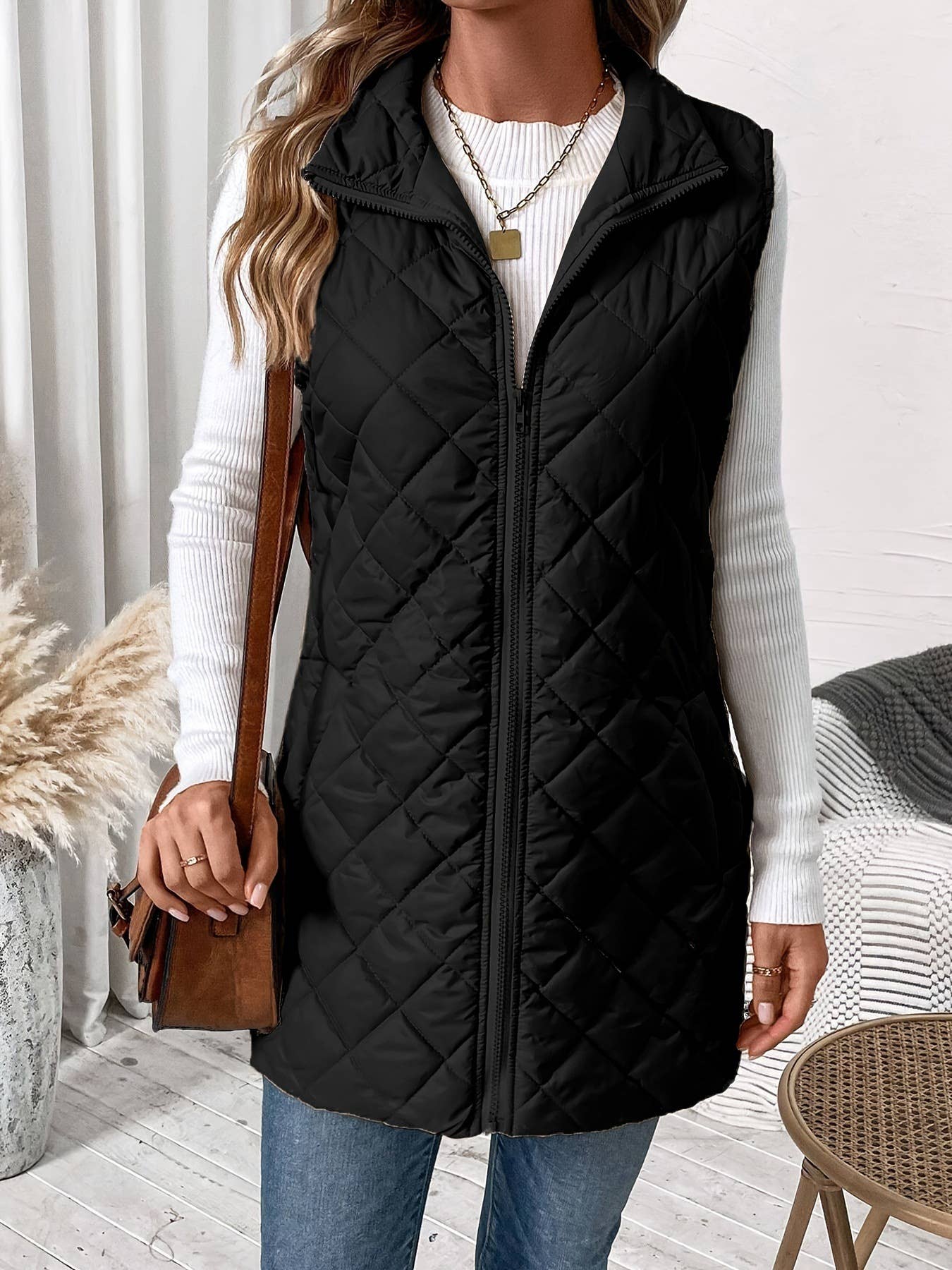 Lapel sleeveless long zipper cotton-padded Vest