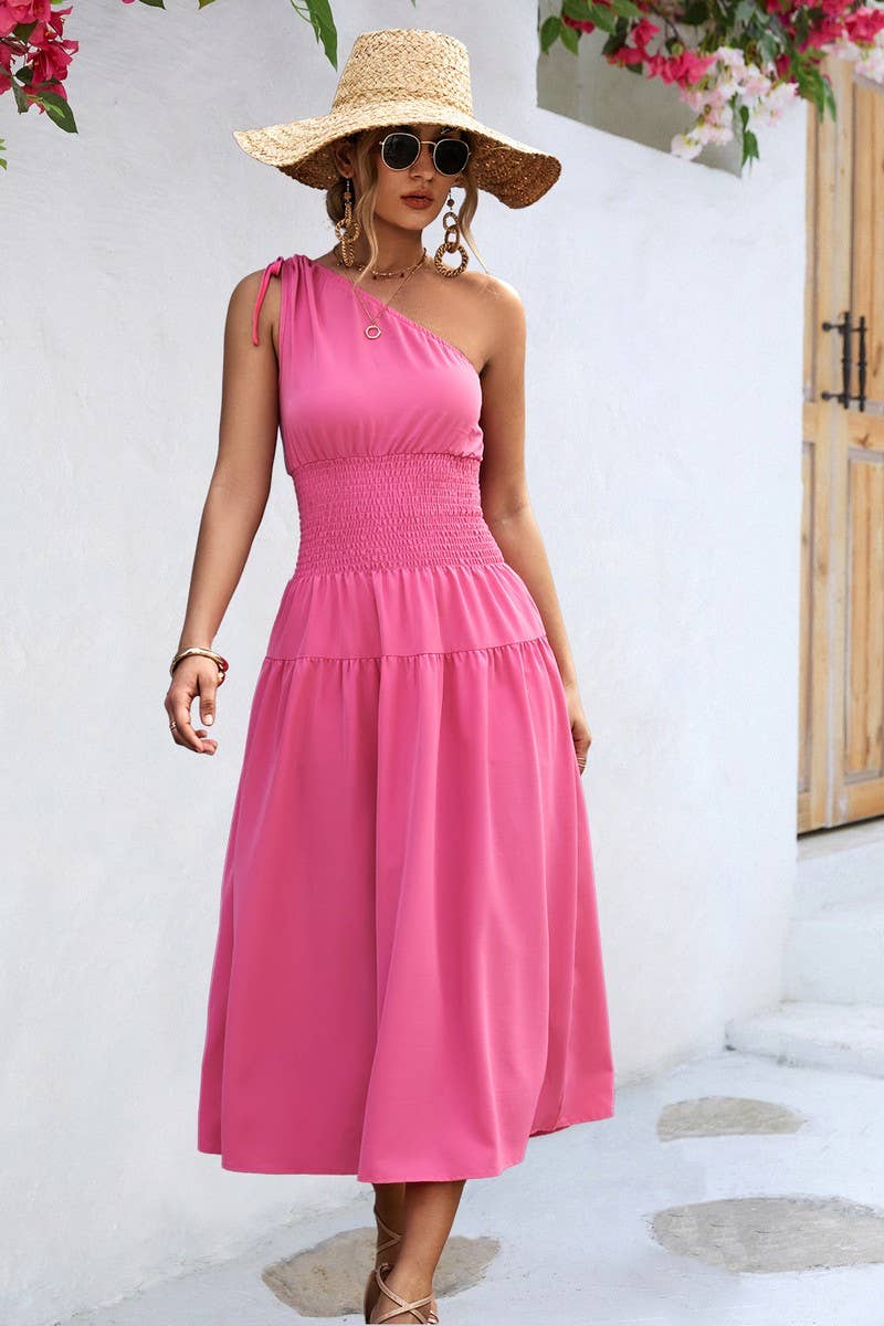 CWDMD2774_SOLID ONE SHOULDER PLEATED MIDI DRESS