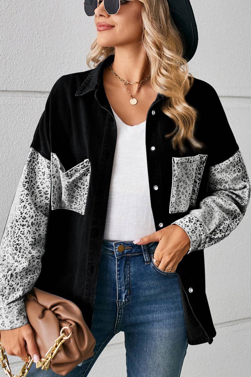 LEOPARD LONG SLEEVE PATCHWORK DENIM SHIRT CARDIGAN_CWJT0020