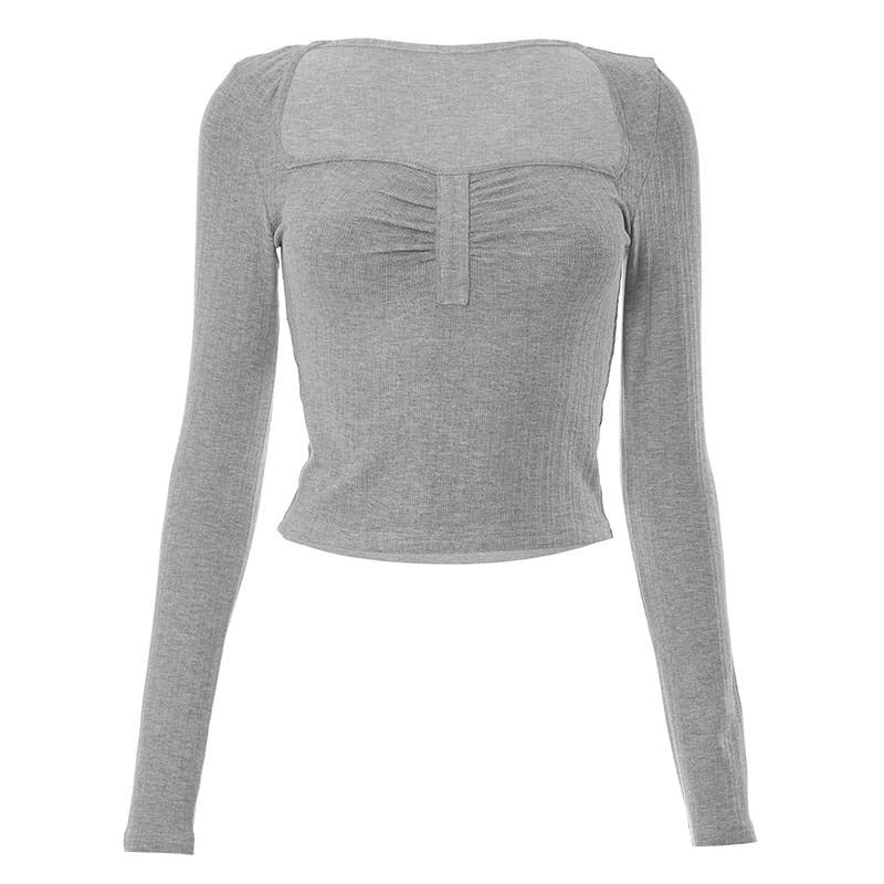 SOLID COLOR SQUARE NECK PLEATED CROP CASUAL TOP