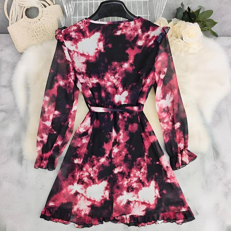 Printed Bohemian-style long-sleeved short dress