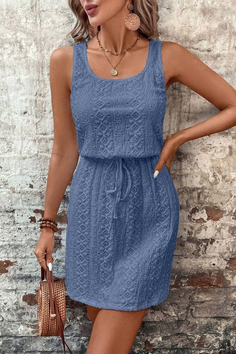 CWDMD4645_SQUARE NECK DRAWSTRING SLEEVELESS DRESS