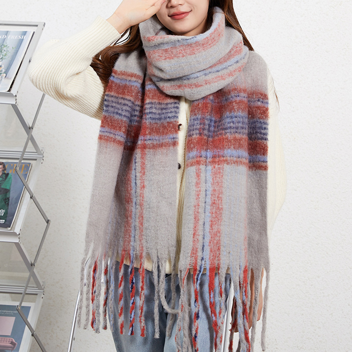 Korean Striped Brushed Winter Scarf for Women