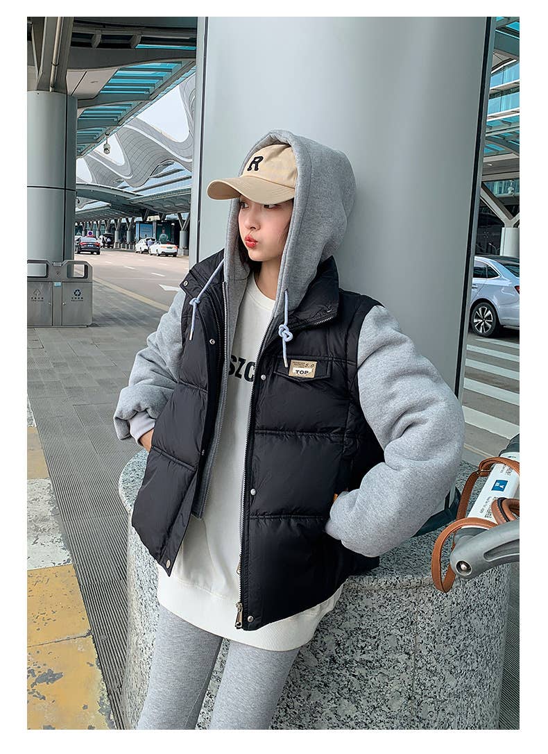 Fake two pieces loose contrast color padded coat
