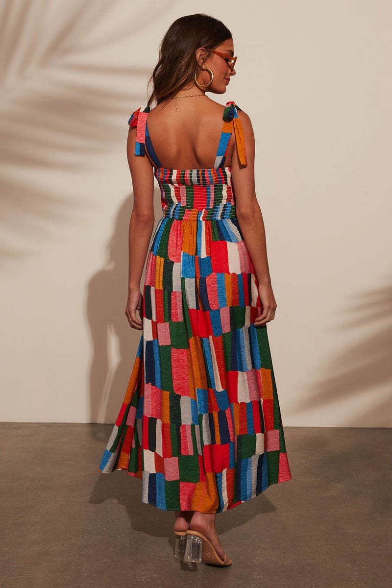 CWDMD5607_VACATION FLORAL TIE WAIST COLORBLOCK MIDI DRESS