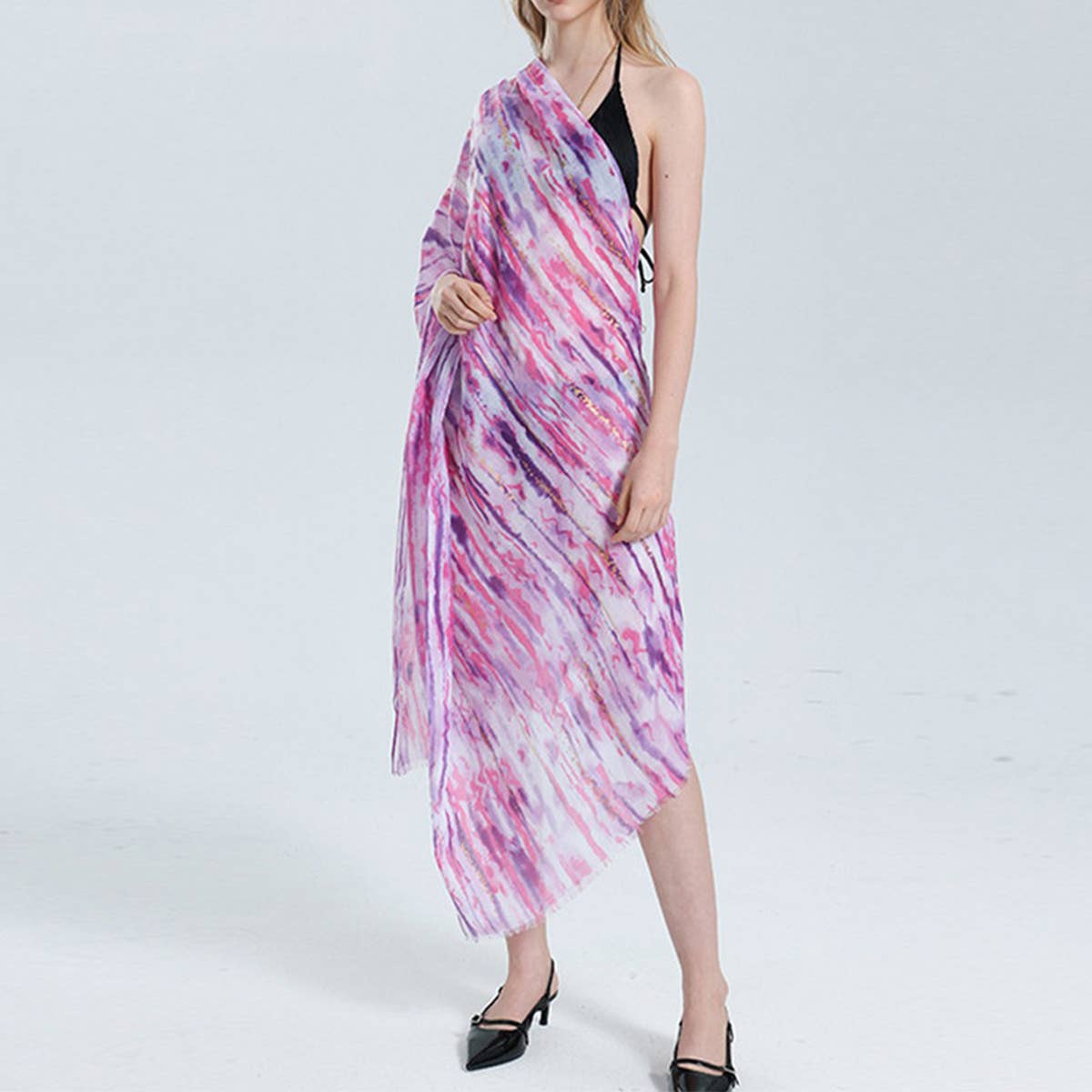 Color Line Print Scarf ? Gold Accent Beach Wrap