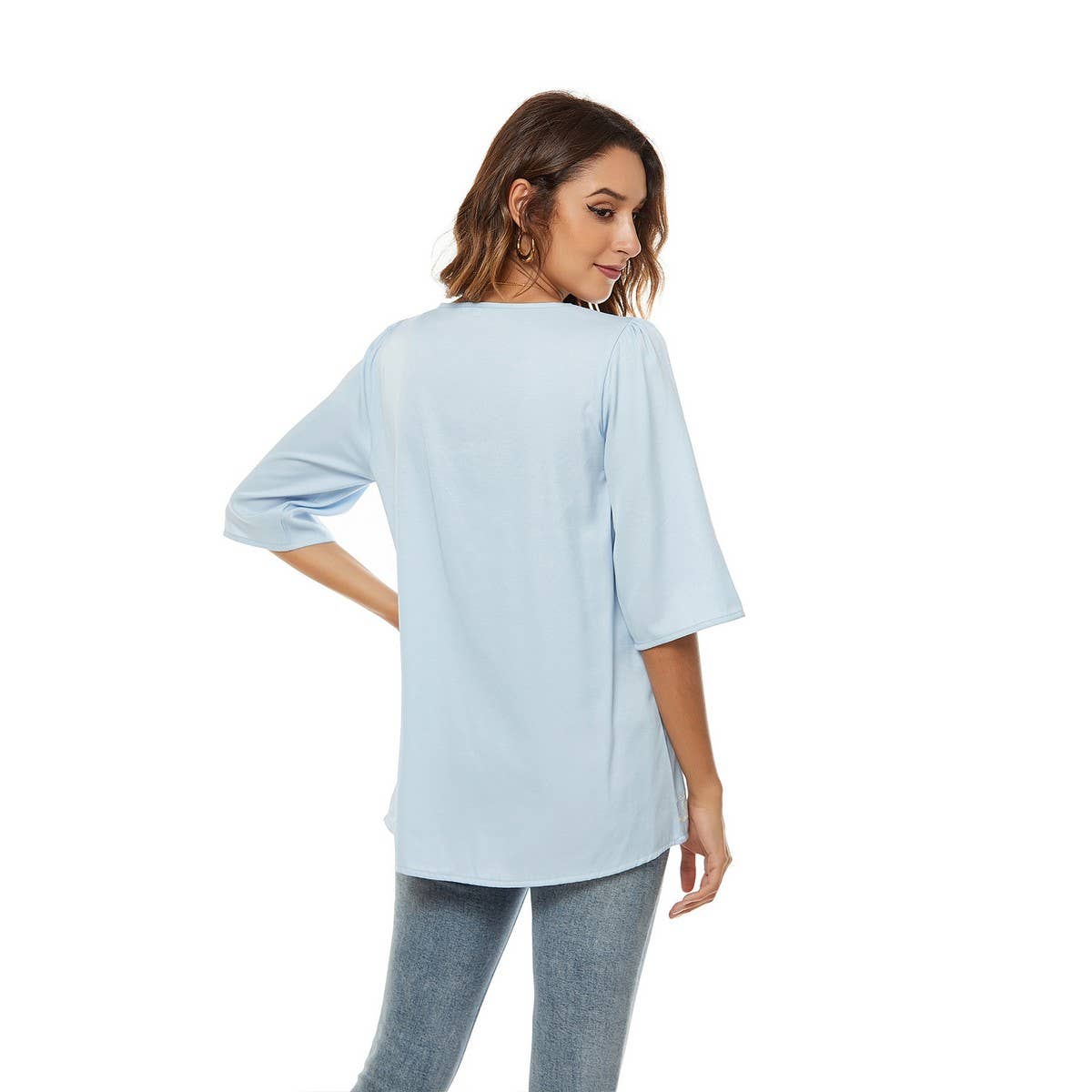 Solid color pullover V-neck loose T-shirt