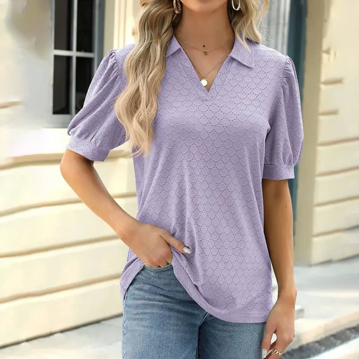 LAPEL SOLID COLOR PUFFY SLEEVE LOOSE T SHIRT_CWTSTS0281