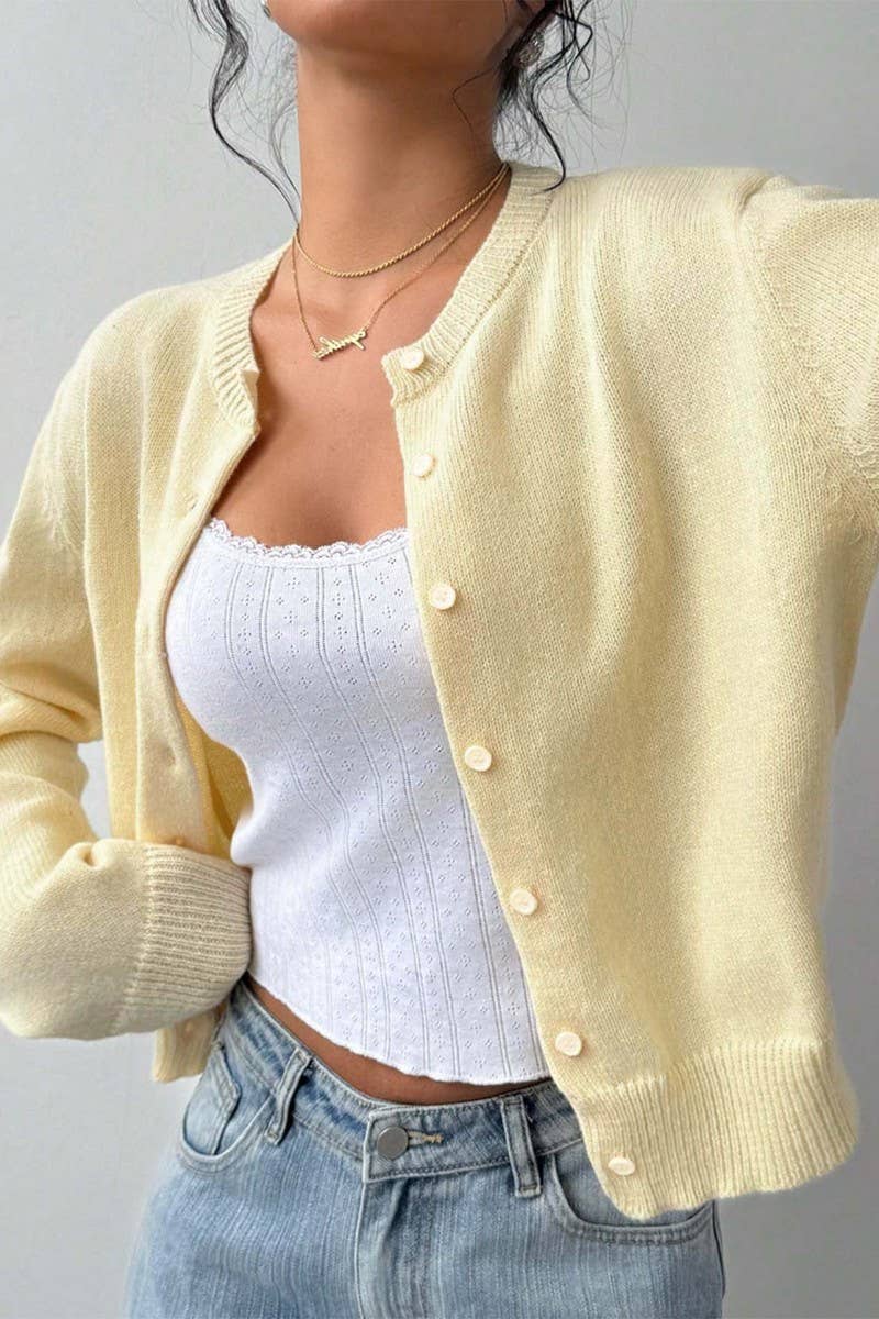 CWOCAL2293_SOFT LOOSE FIT CROPPED KNIT CARDIGAN SWEATER