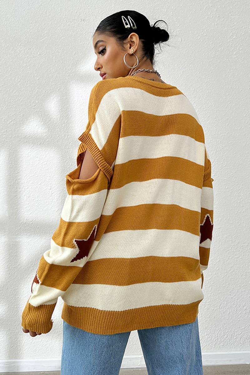 V-NECK PATCHWORK LONG SLEEVE STRIPED SWEATER