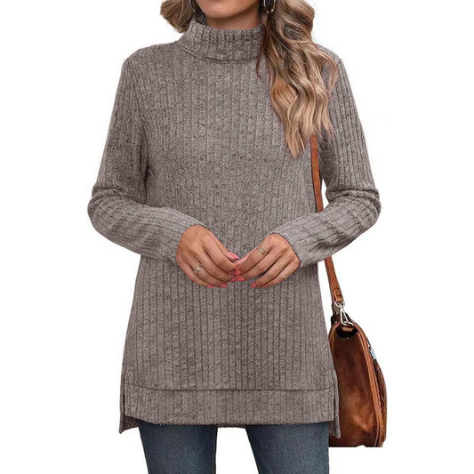 SOLID COLOR HIGH NECK SLIT SLIT LOOSE T-SHIRT