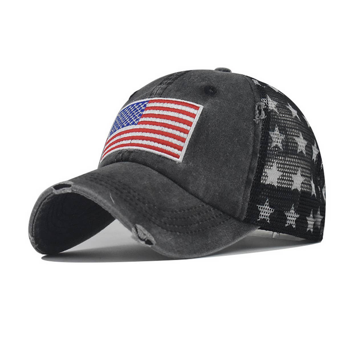 Washed Cotton Distressed Star US Flag Ponytail Cap CWAH1379