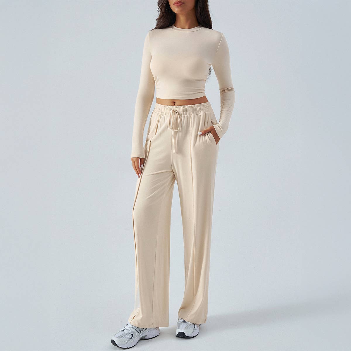 TEMPERAMENT ROUND NECK TOP WIDE LEG PANT SUIT