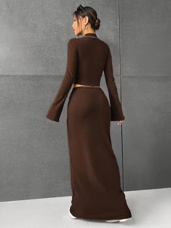 SOLID COLOR LONG SLEEVE TOP LONG SKIRT SET