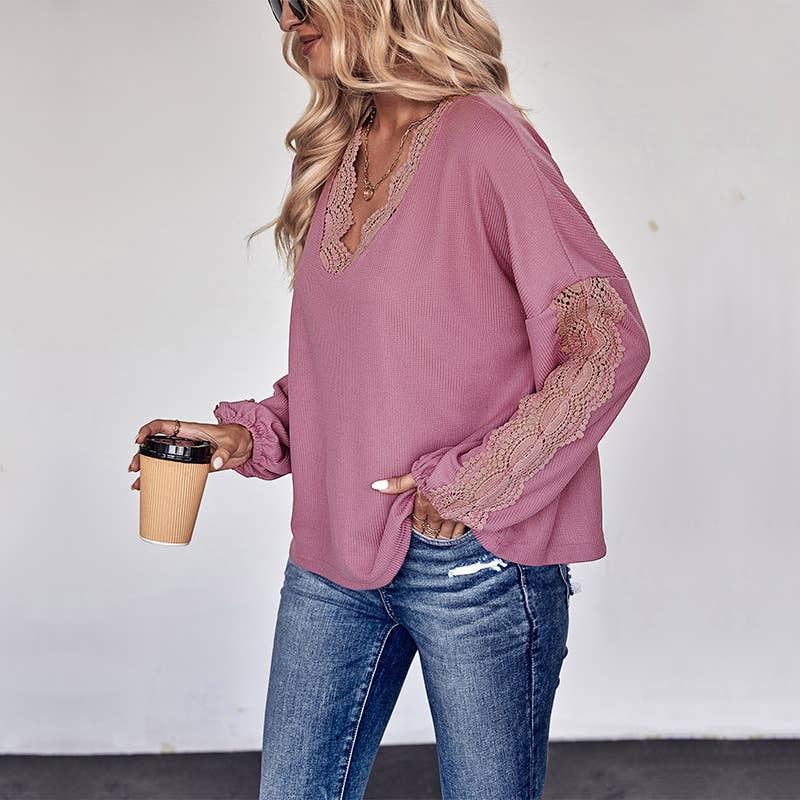 V-NECK WOMEN'S LACE STITCHING T-SHIRT LONG SLEEVE