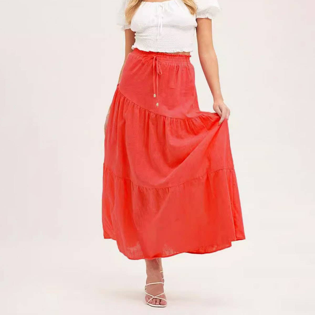 COTTON AND LINEN MAXI SKIRT WITH PLEATED HEM