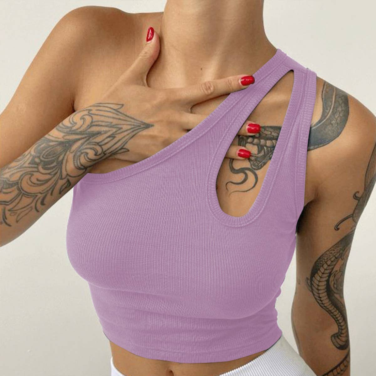 SLANT SHOULDER SLIM CROP CUTOUT SLEEVELESS TOP_CWTTK0309