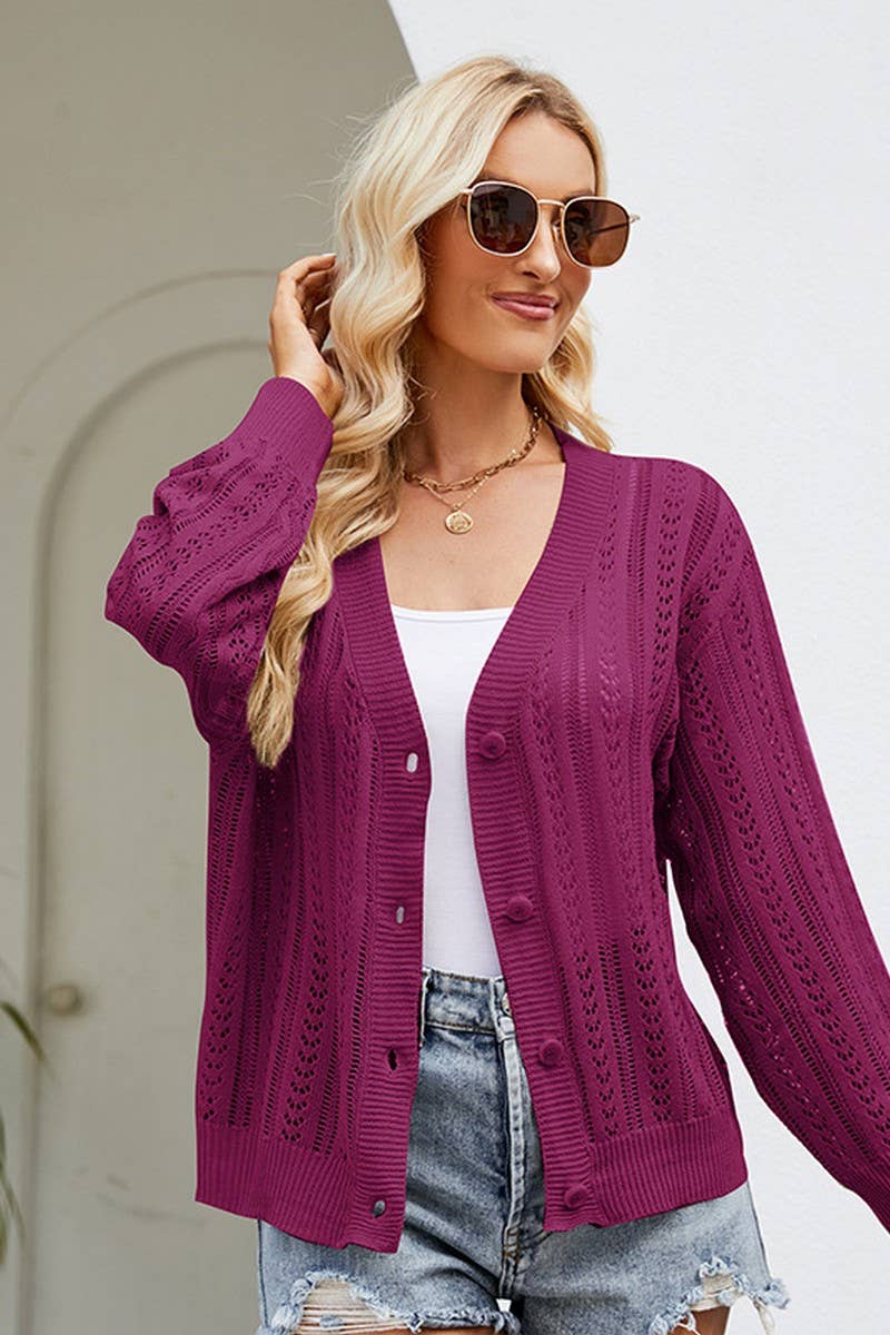 CWOCAL0775_TEMPERAMENT V-NECK HOLLOW KNITTED CARDIGAN