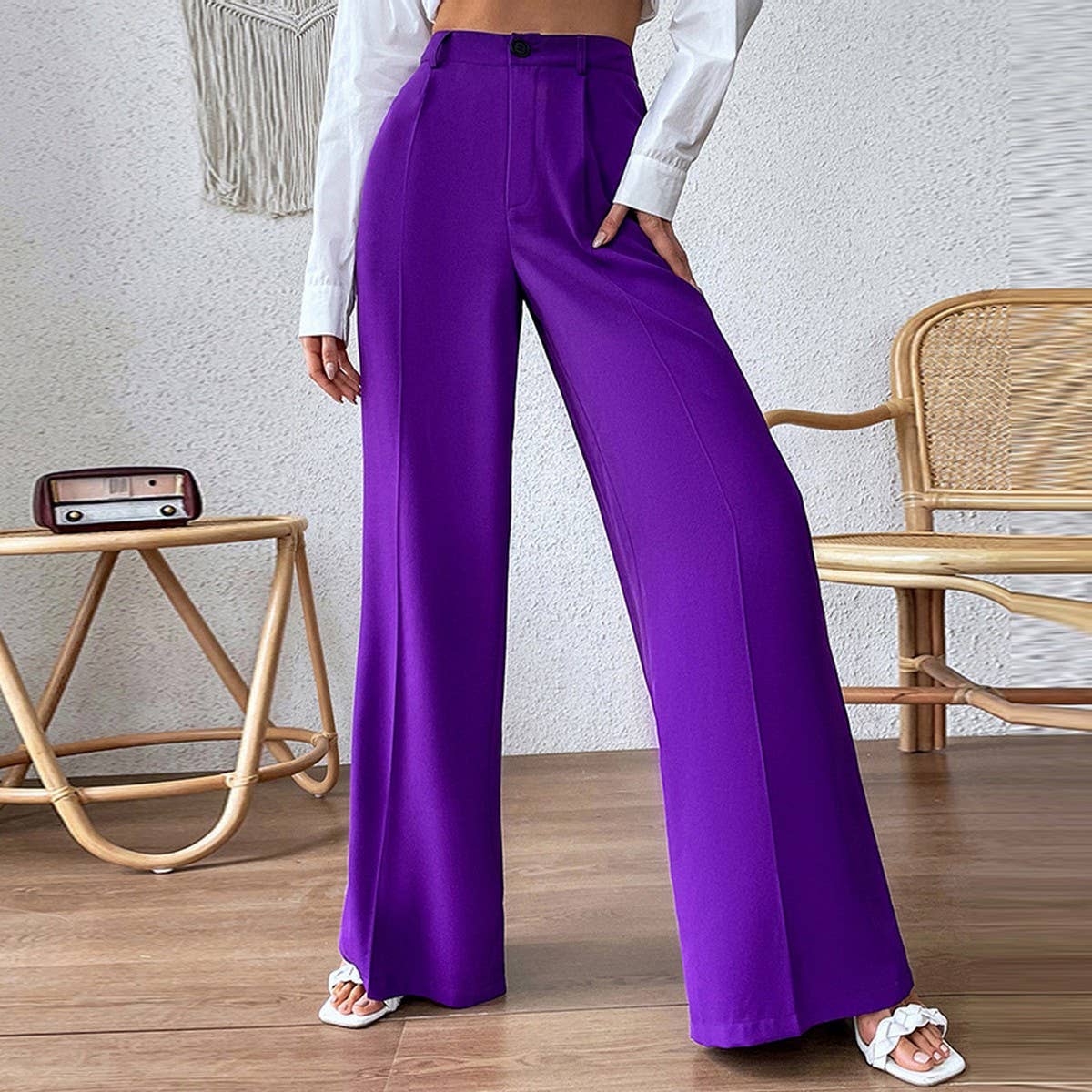 Loose solid color straight leg long wide leg pants