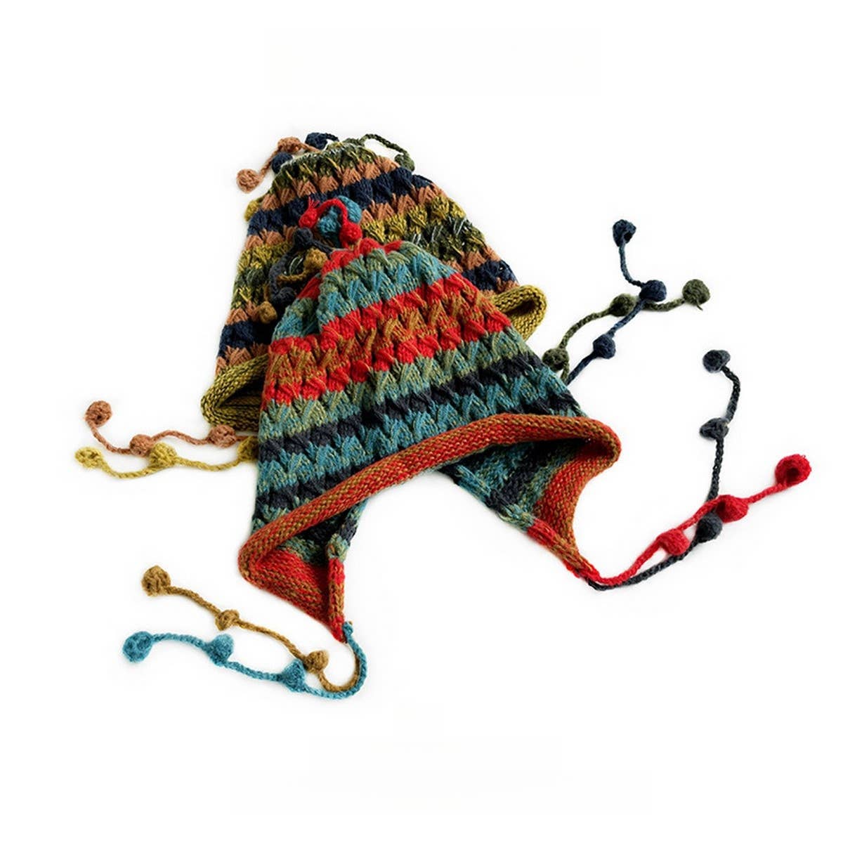 COLORFUL BALL EARFLAP LACE-UP TASSEL KNITTED HAT_CWAH2061