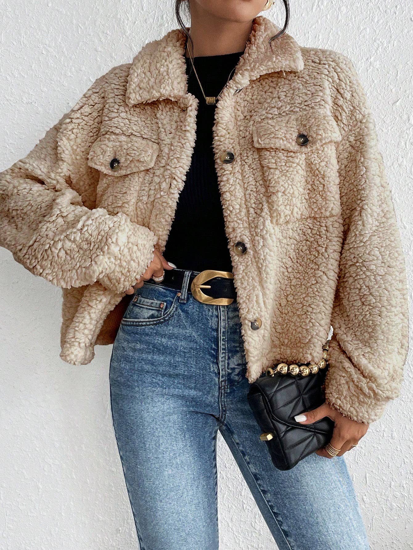 Short single-breasted lapel plush jacket