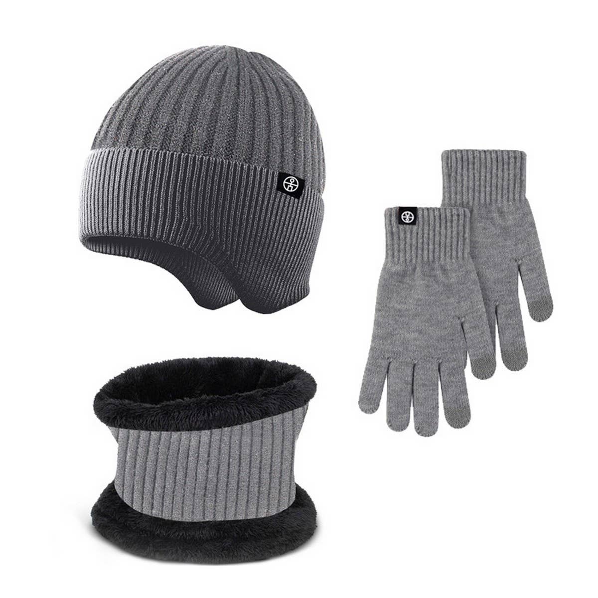 WINTER OUTDOOR FLEECE KNITTED HAT THREE PIECE SET