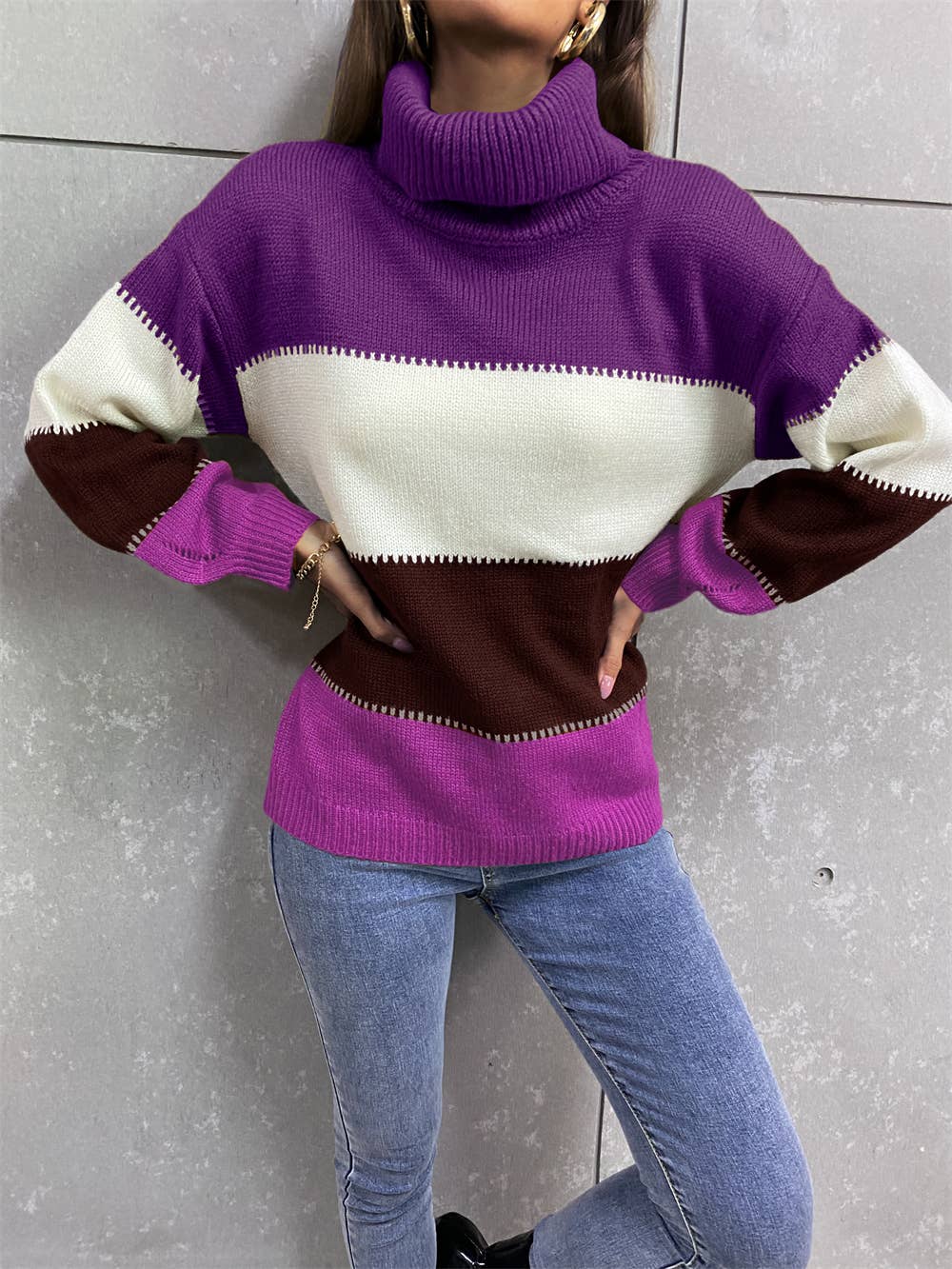Turtleneck patchwork fashion knit long-sleeved sweater