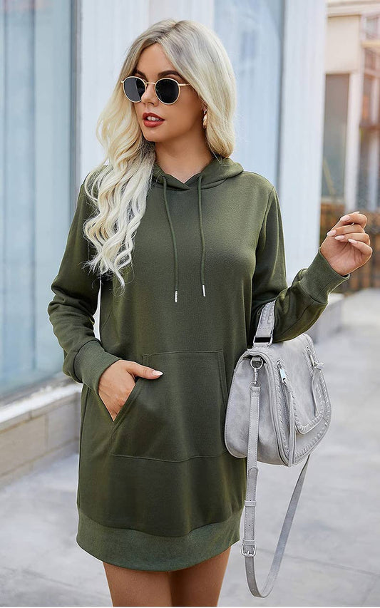 SOLID COLOR LONG-SLEEVED HOODIE DRESS