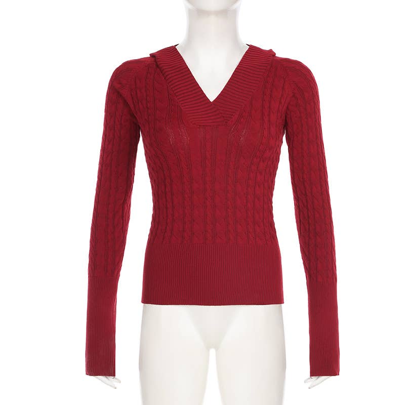 Solid-color deep V-neck hooded knitted sweater