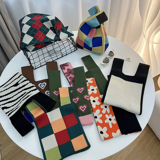 CUAB00622_CHECKERED KNIT SHOULDER BAG WOMEN WOVEN PURSE