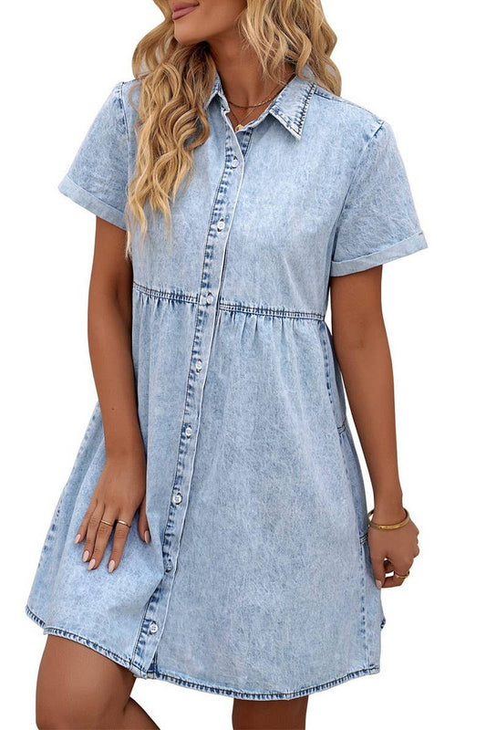CWDSD5998_DENIM CASUAL SHORT-SLEEVED MIDI DRESS