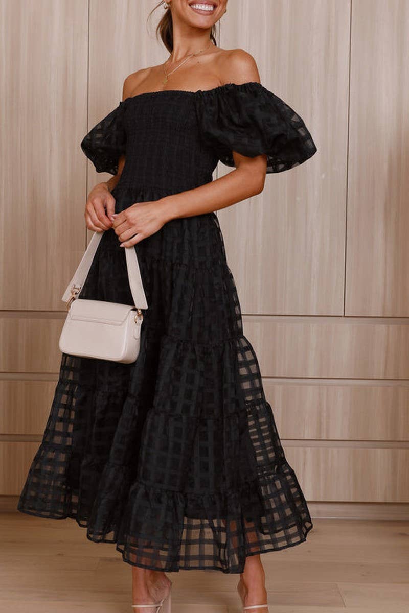 CWDMD5648_OFF SHOULDER LANTERN SLEEVE TIERED RUFFLE DRESS