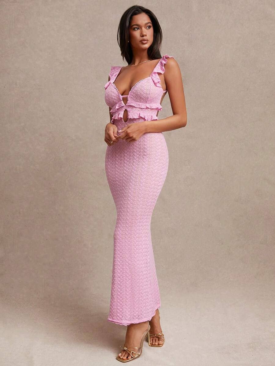 V-neck knitted black ear-trimmed backless dress