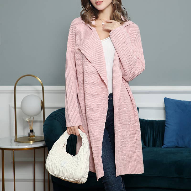 LAPEL LOOSE KNIT MID-LENGTH TRENCH CARDIGAN