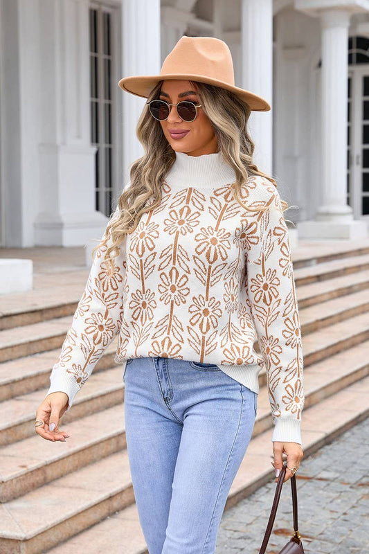 Cwoswl3108_Casual Turtleneck Pullover Floral Knitted Sweater