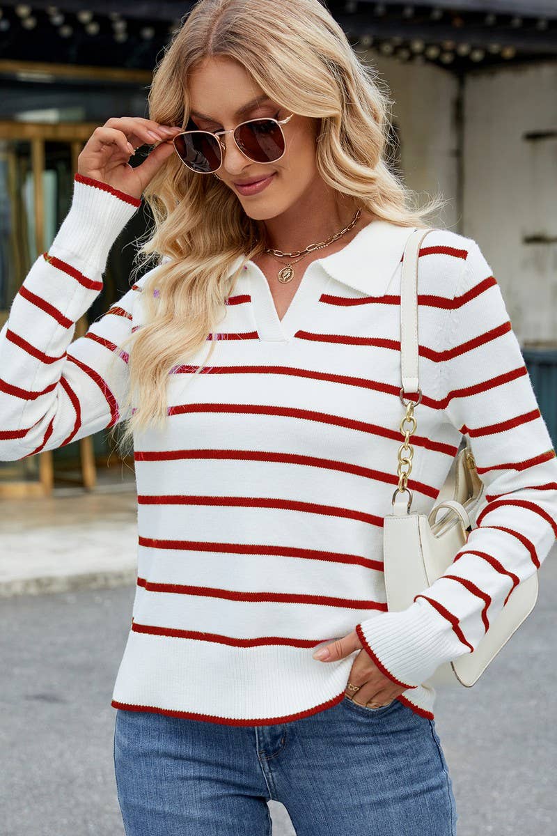 CWOSWL07719_CASUAL STRIPED LAPEL KNITTED LONG-SLEEVED TOP