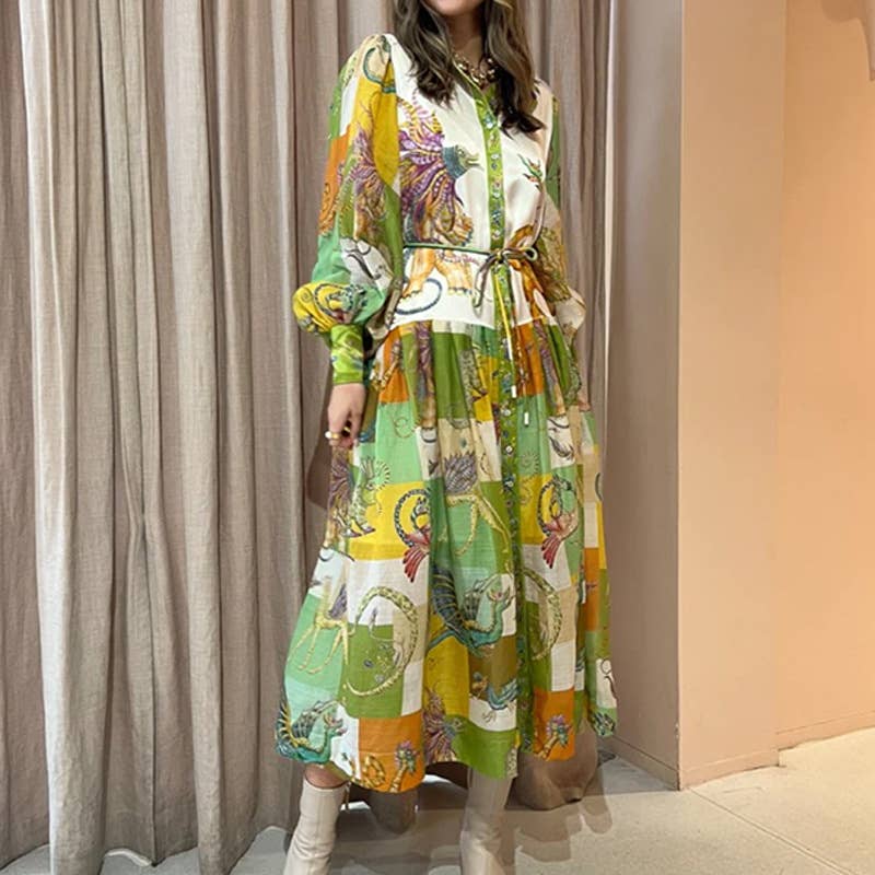 LANTERN SLEEVE PRINTED LAPEL LONG-SLEEVED DRESS