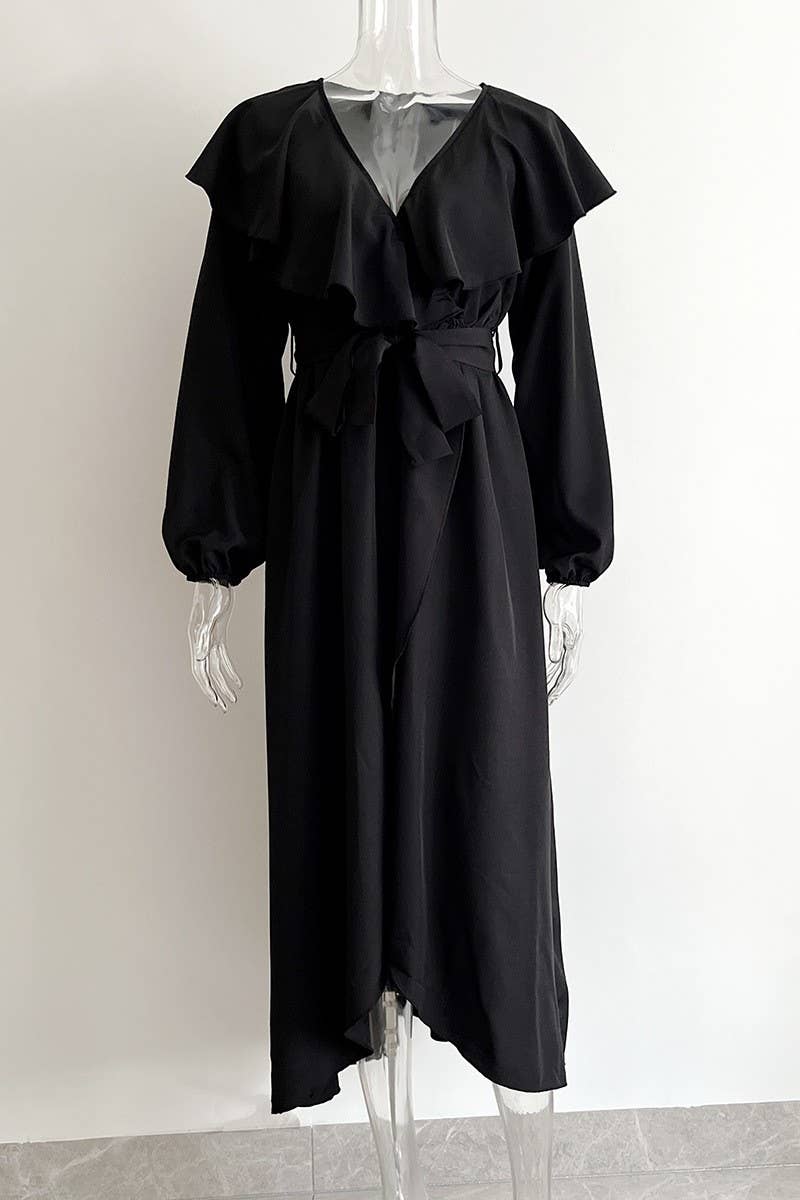 CWDMD4823_RUFFLED V-NECK LONG-SLEEVED SWING DRESS