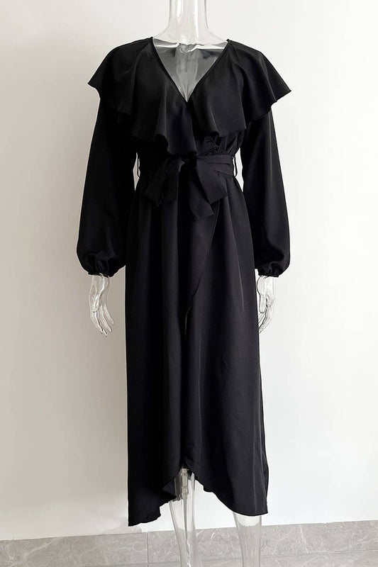 CWDMD4823_RUFFLED V-NECK LONG-SLEEVED SWING DRESS