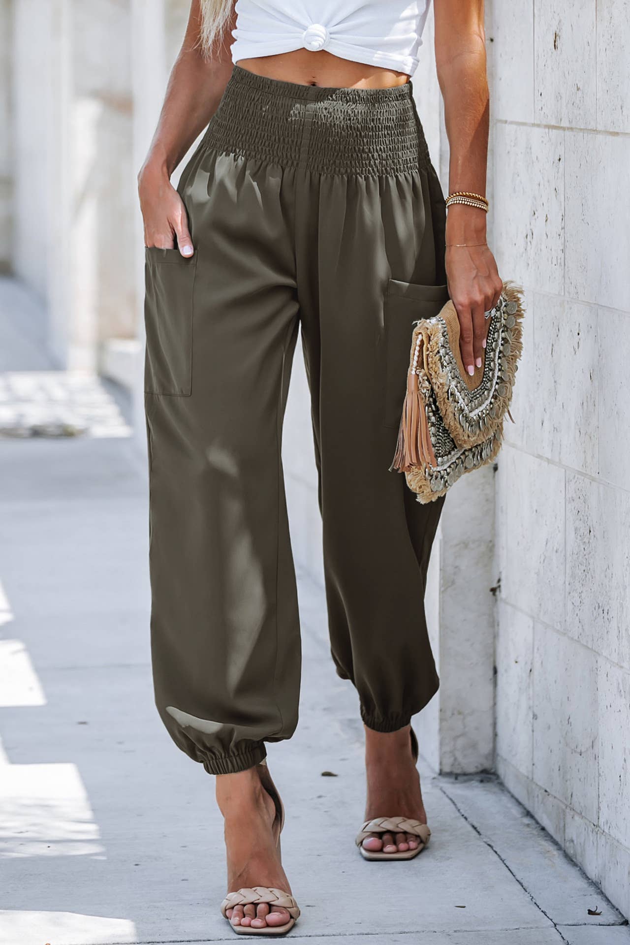 SOLID COLOR ELASTIC HIGH-WAISTED WIDE-LEG NINERS