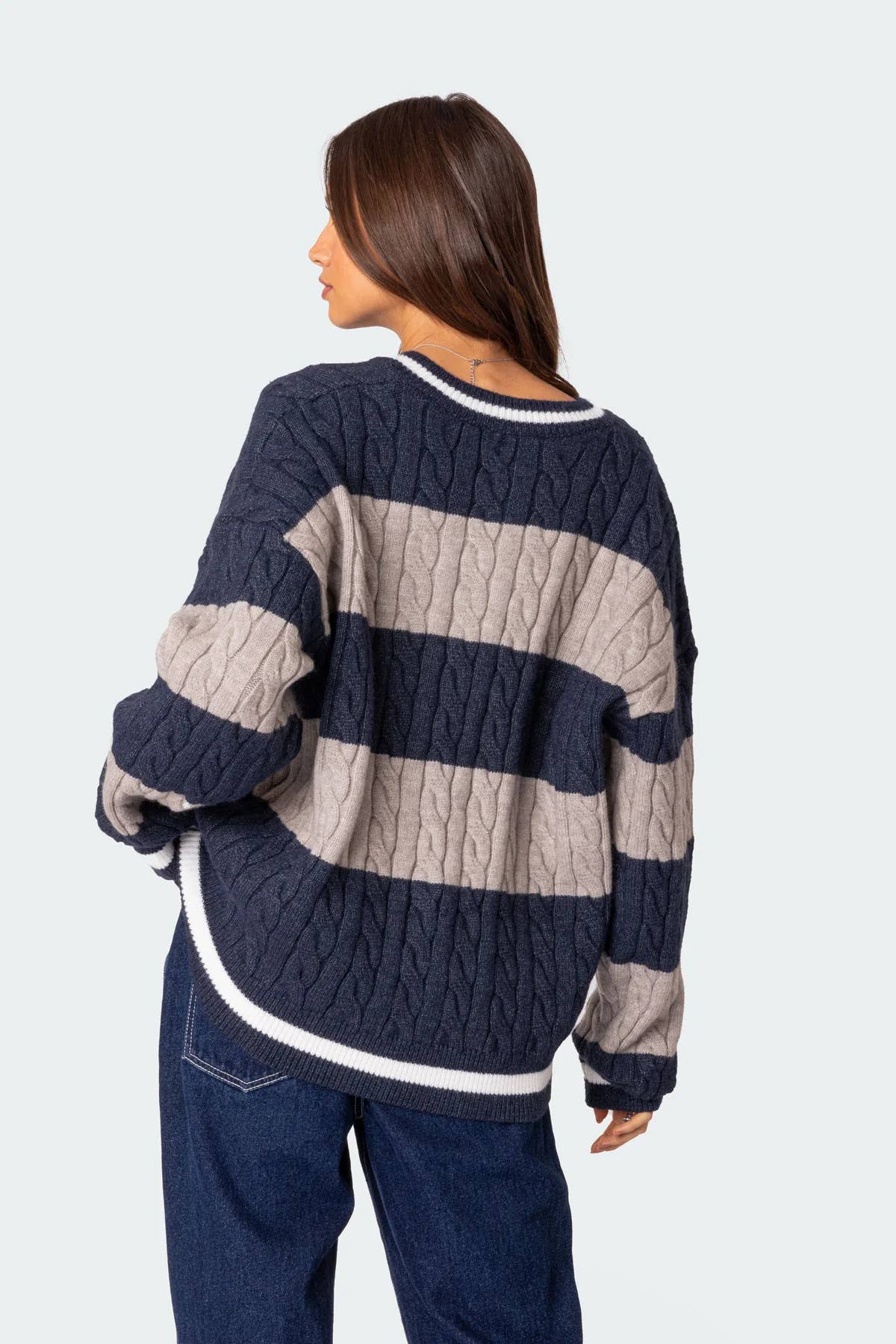 V-neck striped color matching loose sweater