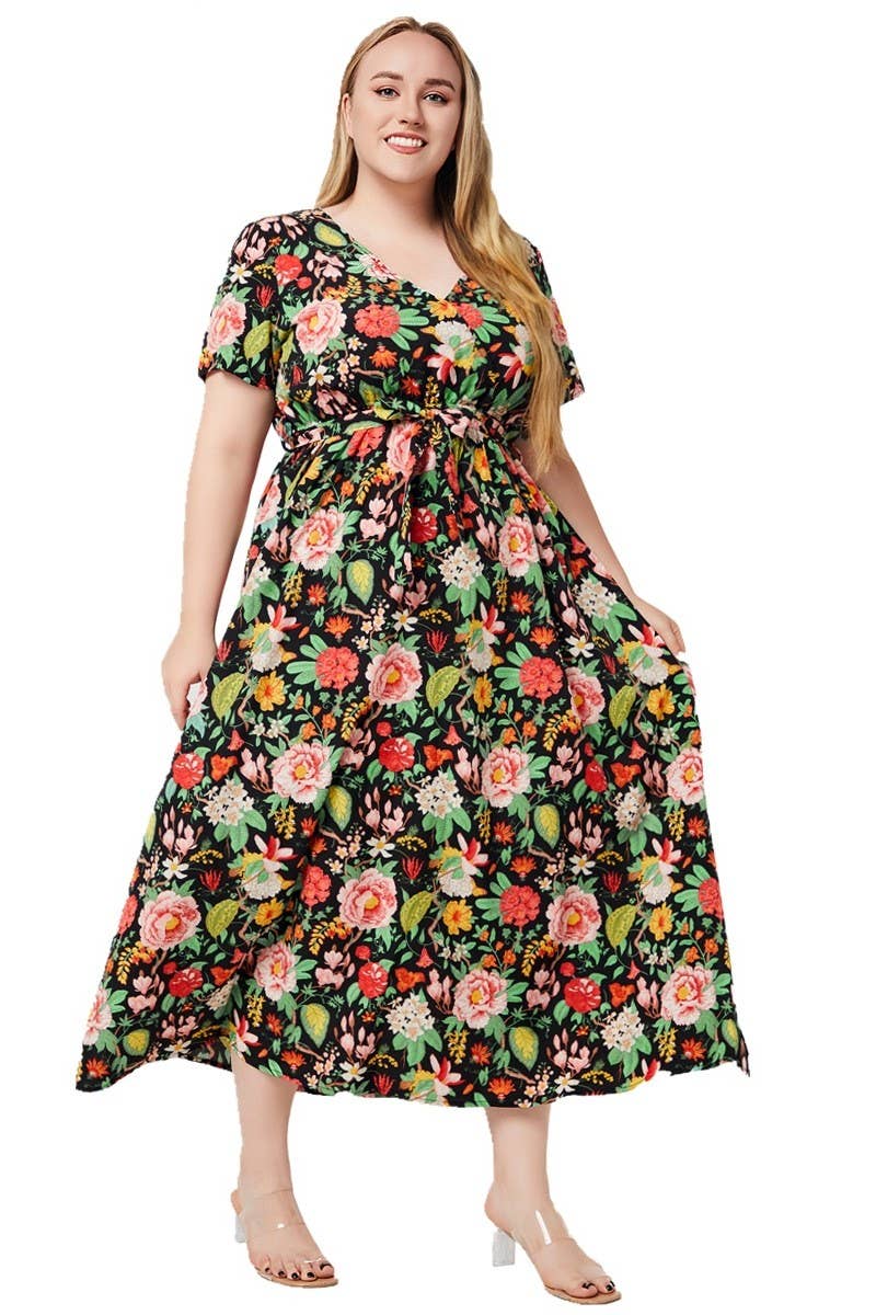 CWDMD3211_PLUS SIZED V-NECK PRINTED MAXI DRESS