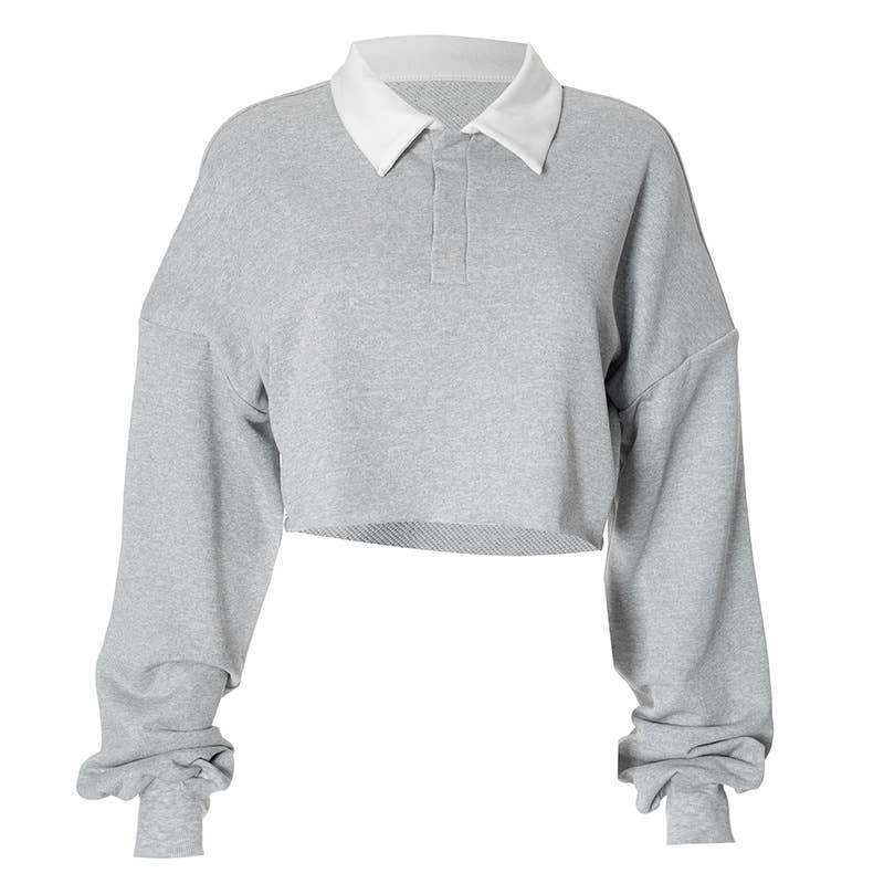 SOLID COLOR POLO NECK SEXY CROP SHORT HOODIE