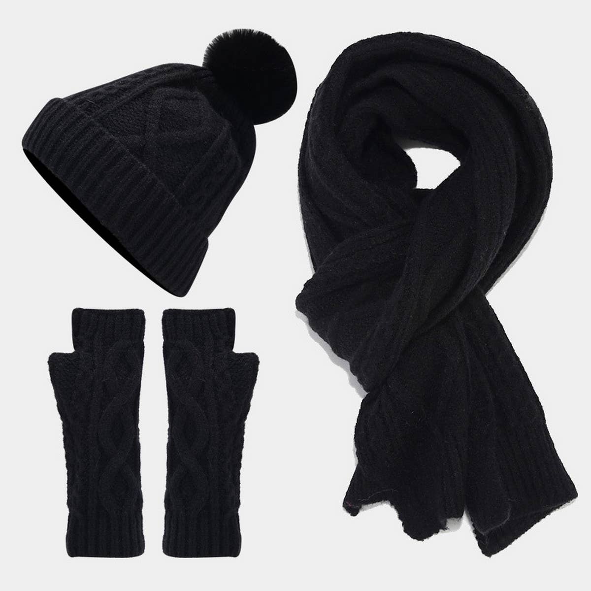 CABLE KNIT HAT, SCARF AND GLOVES THREE-PIECE SET_CWAH1580